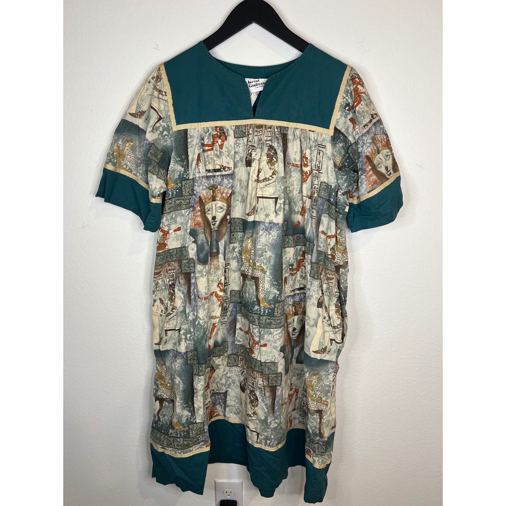 Krist Gudnason Vintage Muumuu Dress Egyptian Pharaoh Print Teal Cotton Large